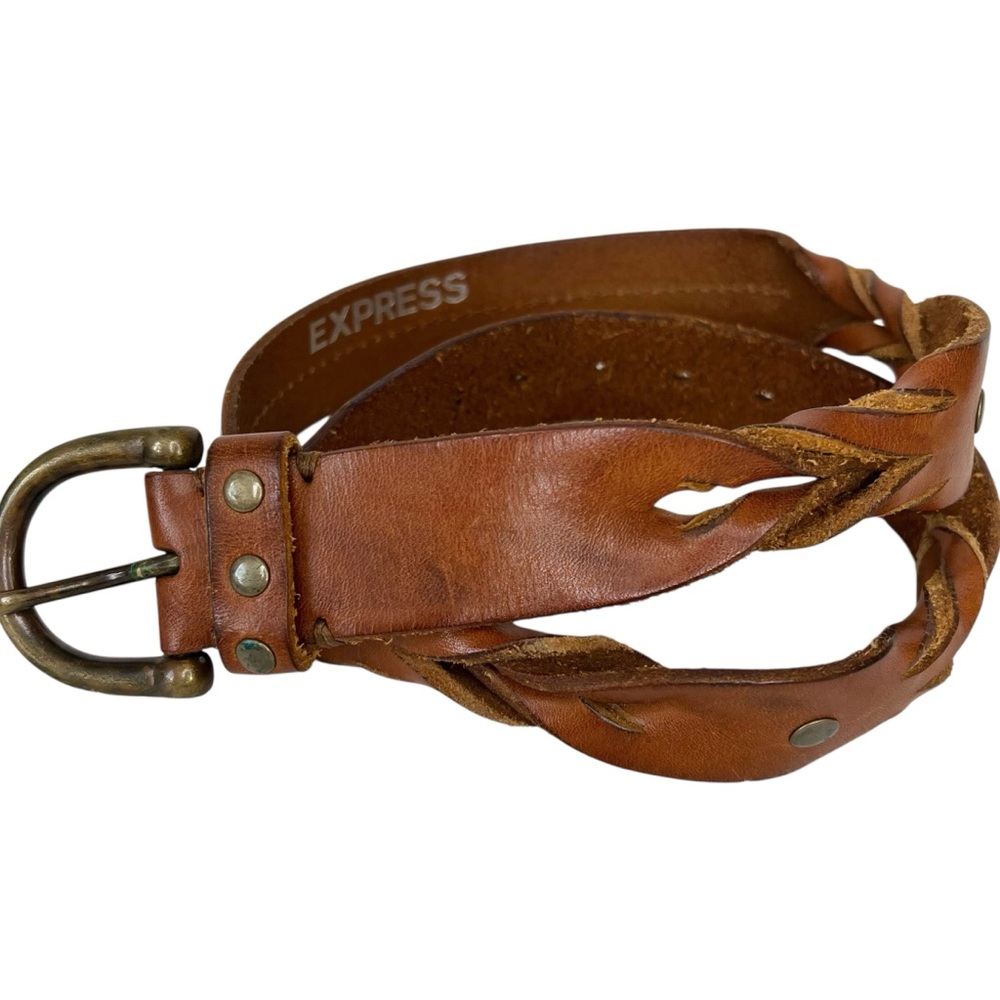 Vintage Express Brown Leather Belt Brass Buckle Mens Sz M Twisted